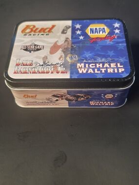Michael Waltrip & Dale Jr Bud & NAPA Racing Collectible Tin - Blue/White/Red